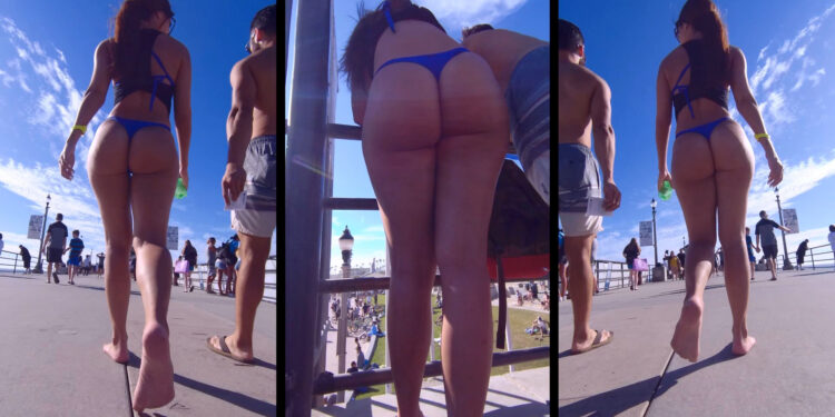 Sexy Brunette Blue Bikini On Beach Voyeur