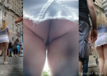 Blonde Miniskirt With Black Thong Upskirt