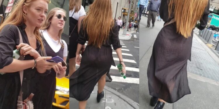 Blonde black dress VPL thong voyeur street