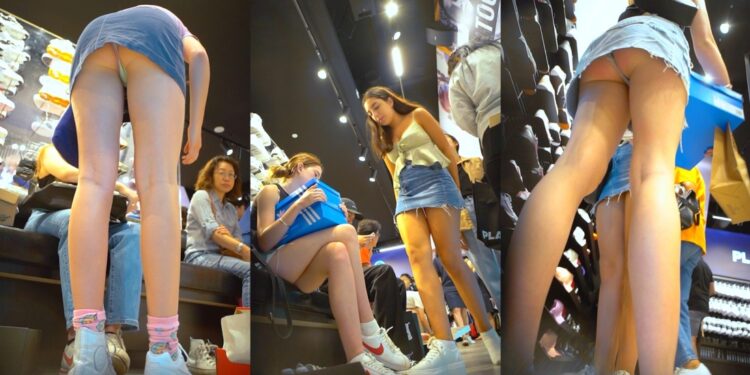 3 Teens Upskirt Bending Over Trying On Shoes