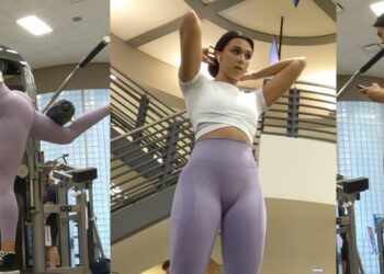 Candid gym spandex lilac tight sexy brunette