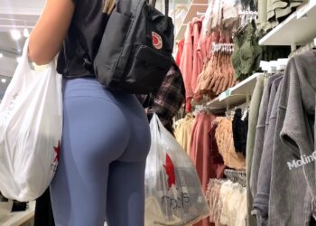 Candid Teen Light Blue Leggings booty Tight Ass
