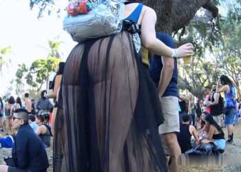 Rave Candid Babe In Black Sheer Bodysuit Exposes Big Ass